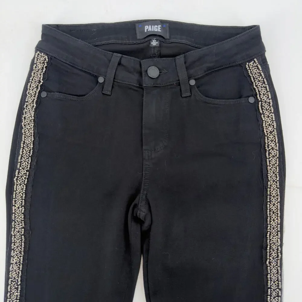 Paige Verdugo Ultra Skinny Tuxedo Side Beading Jeans size 27 Black/Pewter